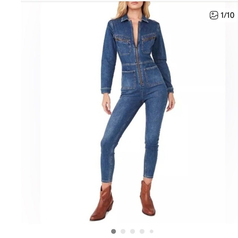 Free People Denim Zip-Front Jumpsuit in Blue